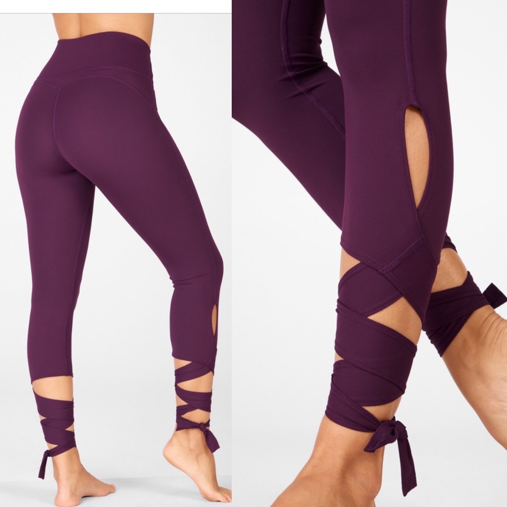 High waist pure luxe tie-up 7/8 leggings,M,plum (purple)